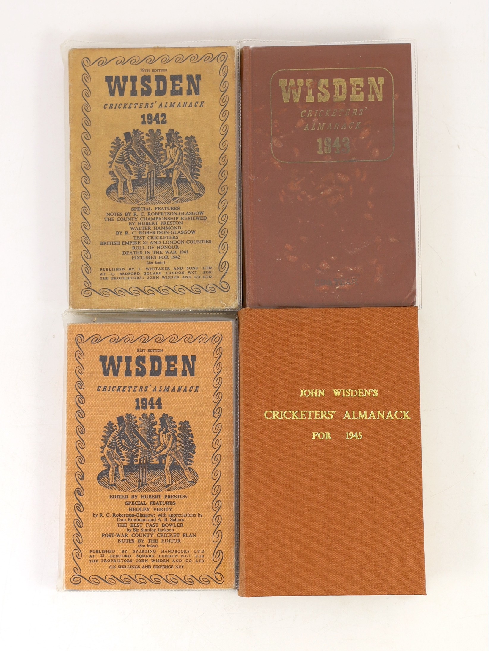 Wisden, John - Cricketers Almanack for the Second World War Years - 1939 (76th edition) - 1945 (82nd edition), rebound issues for 1939, 1941 and 1945, all retaining original paper wrappers, original hardbacks for 1940 an
